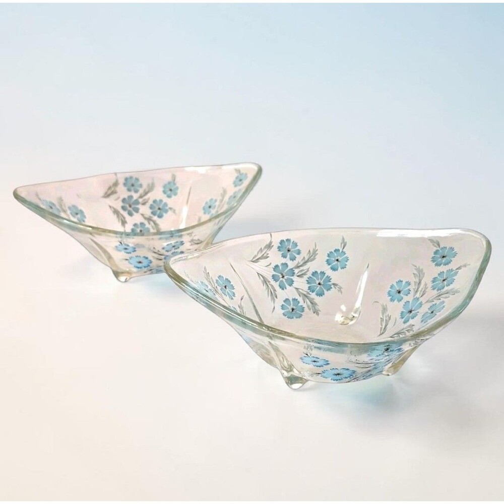 2 Anchor Hocking Swedish Modern Blue Cornflower Glass Serving Bowls Pair MCM
